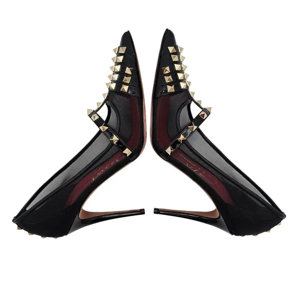Valentino Garavani Rockstud Alcove Black Patent Leather Mesh Pump Heel Size 39 9